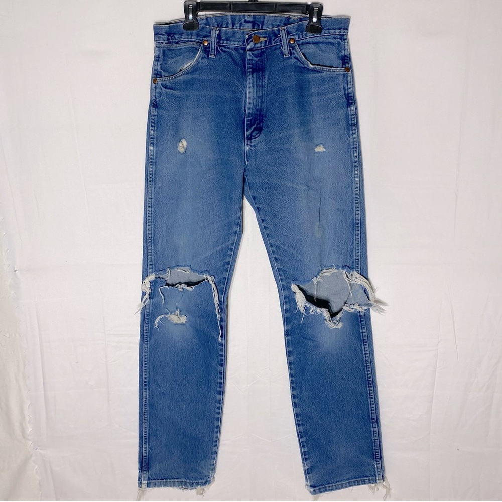 Vintage Wrangler Heavily Distressed Destroyed Blue Denim Work Jeans 34 Thrashed